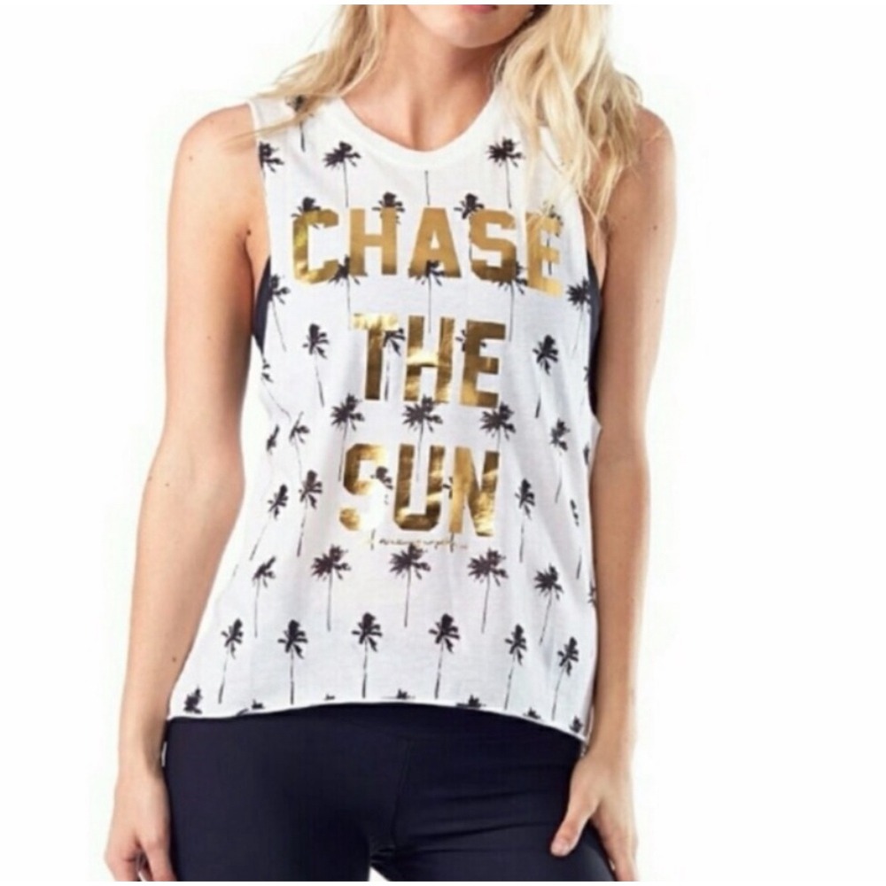 Spiritual Gangster Chase The Sun Palm Tree Muscle Tank Top White Gold S Yoga